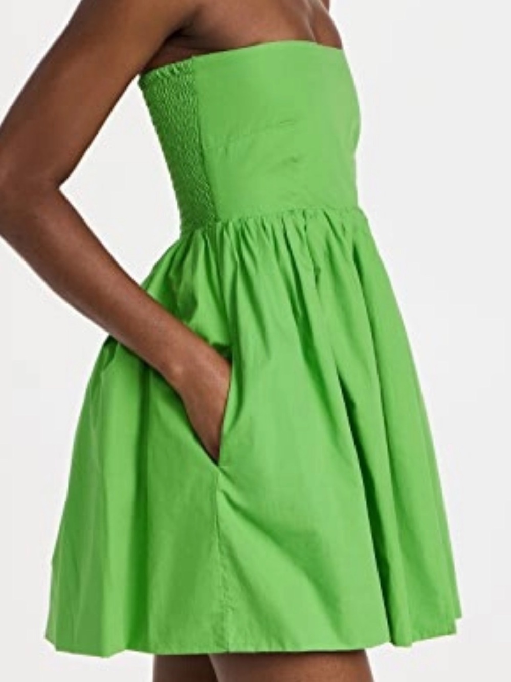 SWF Planta Mini Dress Green Strapless Smocking Pockets Cotton revolve anthro